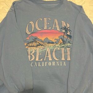 hollister california “ocean beach” light blue crewneck
